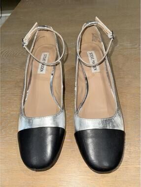 Steve Madden Women's Sz 8 Eli Ankle-Strap Two Piece Block-Heel Pump Black Silver